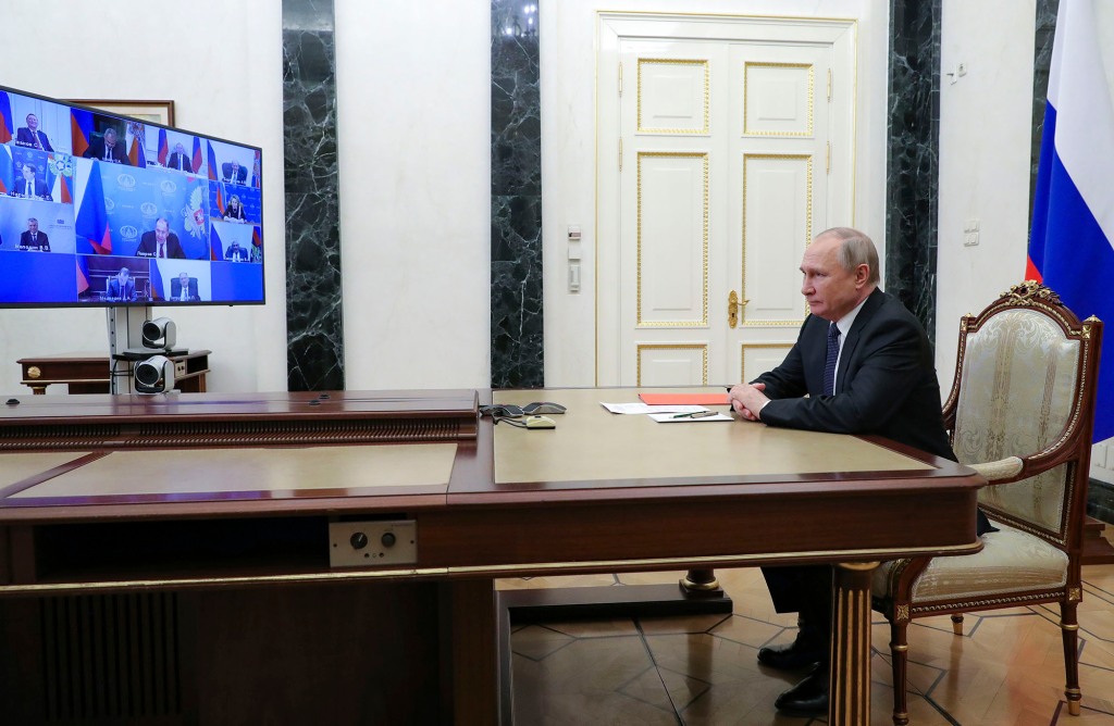 Russian President Vladimir Putin chairs a meeting with members of the Security Council via a video conference at the Kremlin in Moscow, Russia, Friday, April 29, 2022.