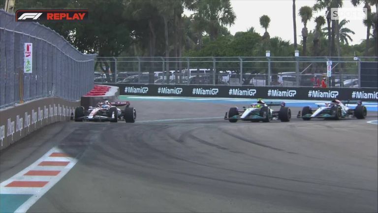 Valtteri Bottas runs the turn wide allowing both Lewis Hamilton and George Russell to overtake. 