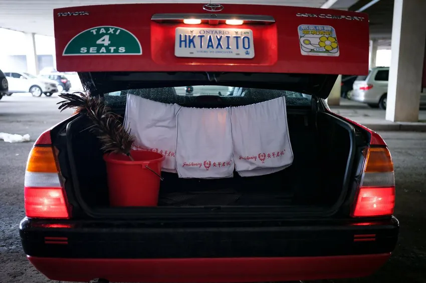 Alan Wu's Hong Kong taxi has the details down, such as the cloths taxi drivers use to wipe down the car, along with a prop plastic bucket and feather duster.