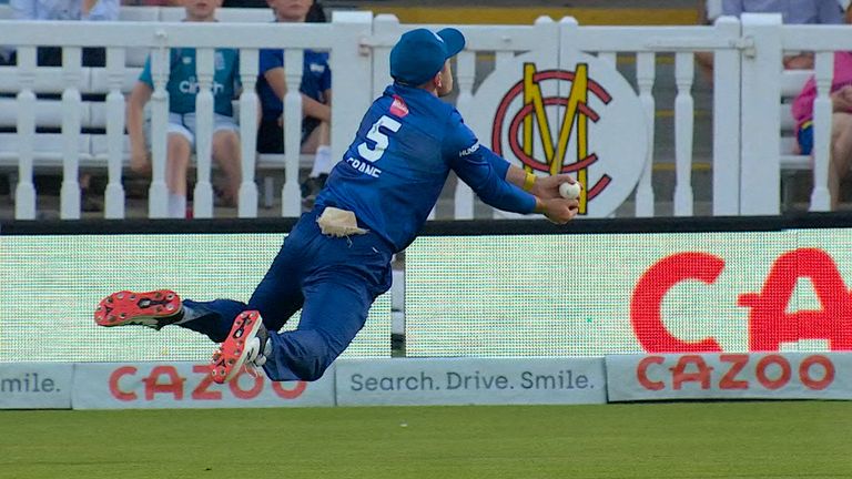 An excellent diving catch from Mason Crane for the London Spirit removes Jos Buttler for the Manchester Originals in The Hundred