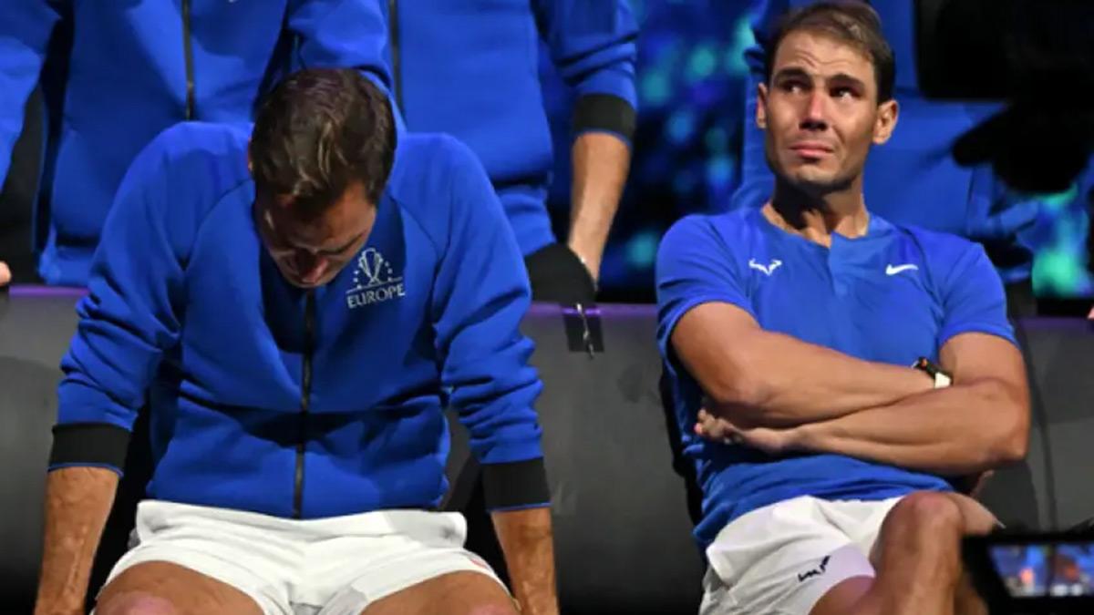 Roger Federer (left) and Rafael Nadal (right) after 2022 Laver Cup loss